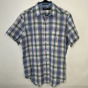 Nautica Linen Blend Short Sleeve Button Up Shirt Mens Size Medium Plaid Colorful